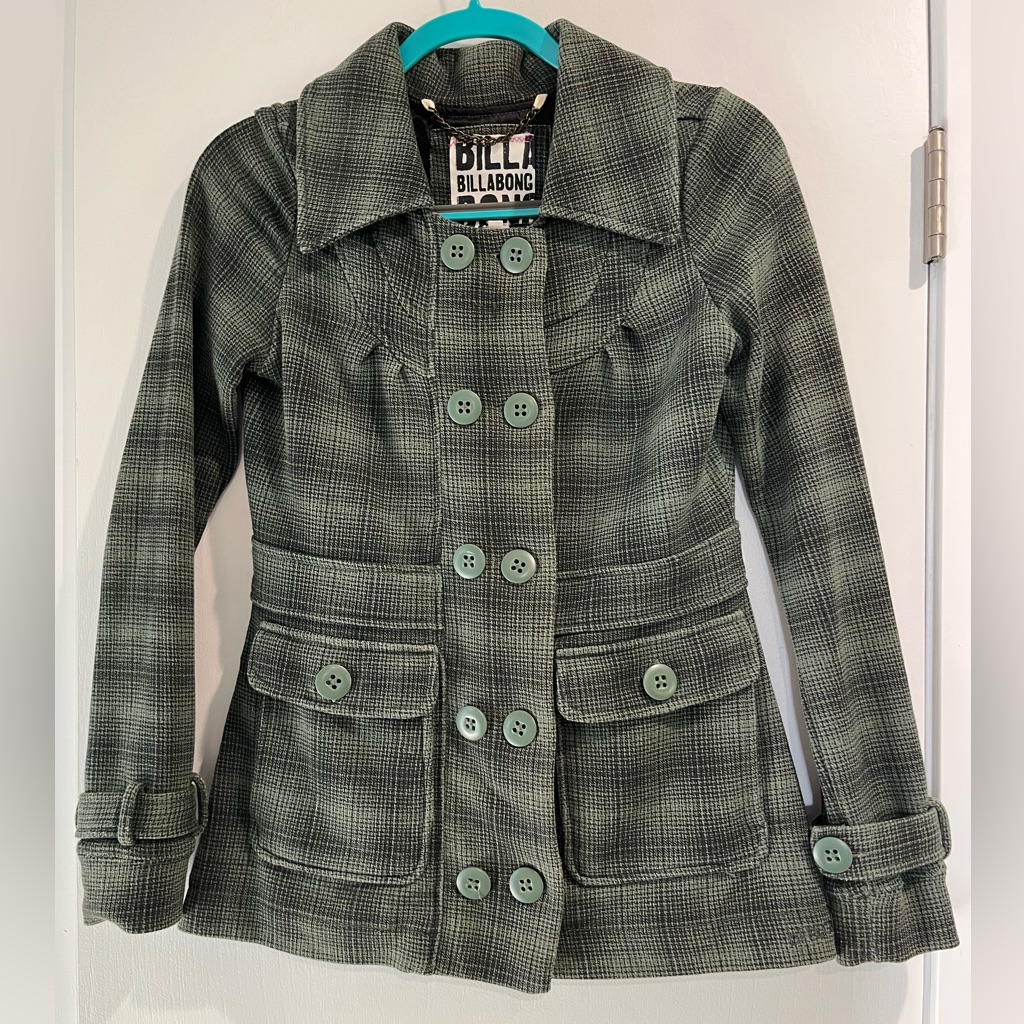 Billabong Women's Green Plaid Pea Coat Size Small